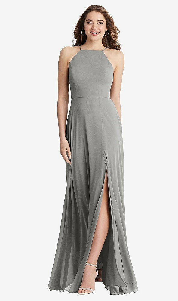 Front View - Chelsea Gray High Neck Chiffon Maxi Dress with Front Slit - Lela