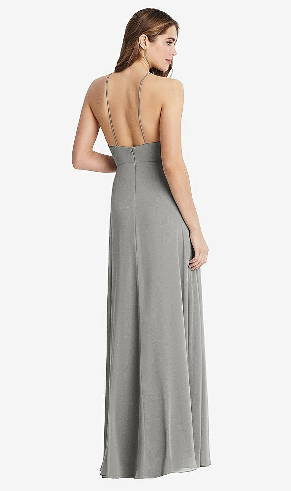 Back View - Chelsea Gray High Neck Chiffon Maxi Dress with Front Slit - Lela