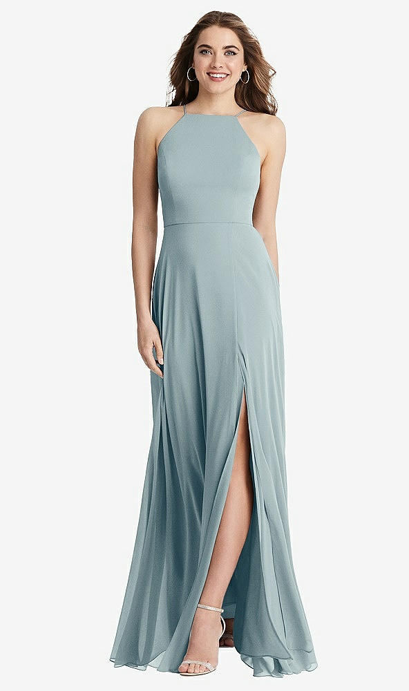 Front View - Morning Sky High Neck Chiffon Maxi Dress with Front Slit - Lela