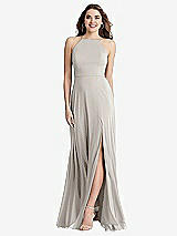 Front View Thumbnail - Oyster High Neck Chiffon Maxi Dress with Front Slit - Lela