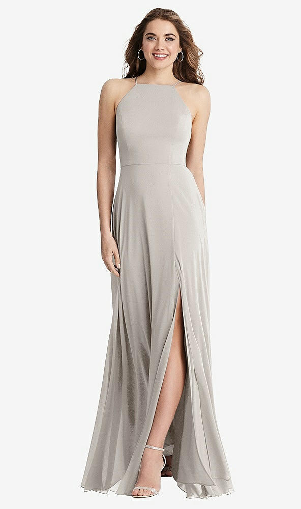 Front View - Oyster High Neck Chiffon Maxi Dress with Front Slit - Lela