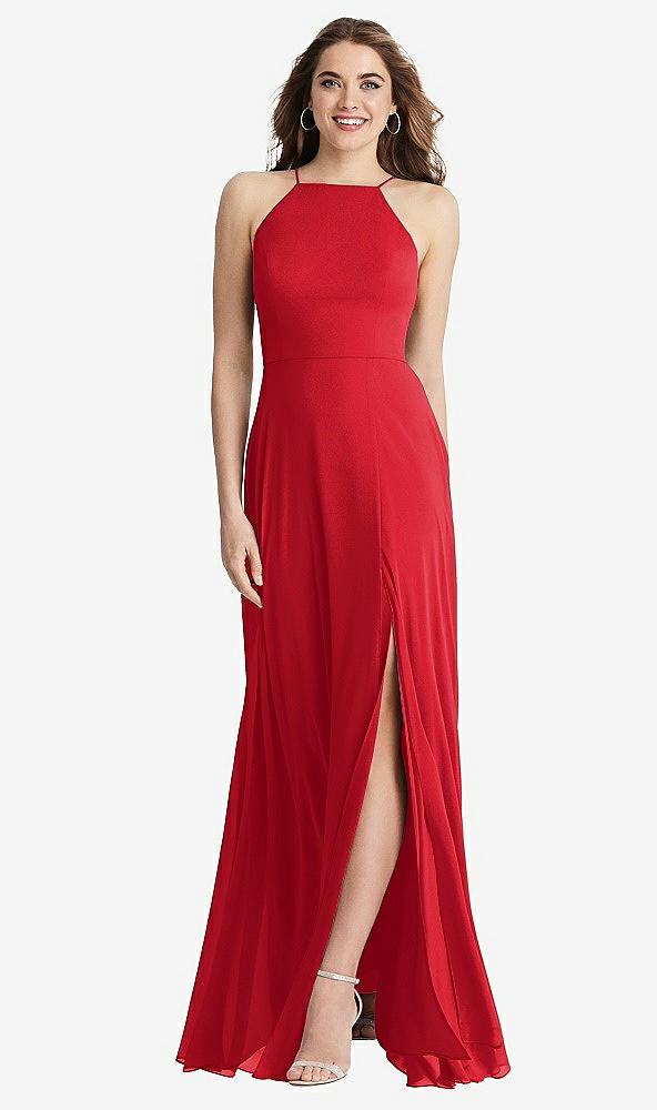 Front View - Parisian Red High Neck Chiffon Maxi Dress with Front Slit - Lela