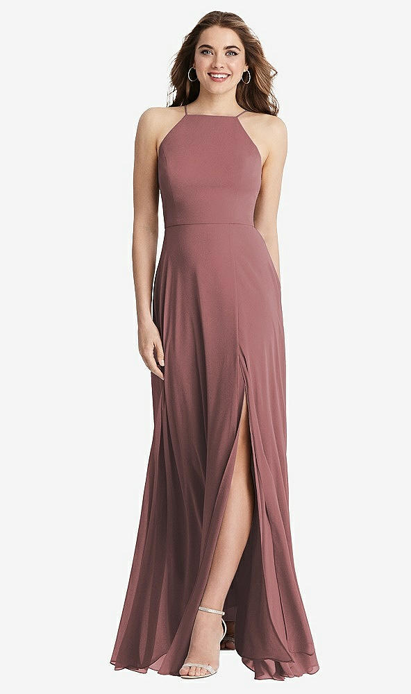 Front View - Rosewood High Neck Chiffon Maxi Dress with Front Slit - Lela