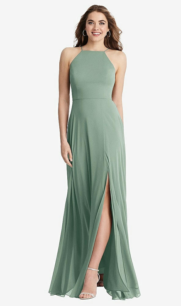 Front View - Seagrass High Neck Chiffon Maxi Dress with Front Slit - Lela