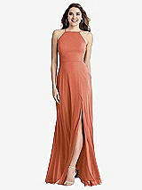 Front View Thumbnail - Terracotta Copper High Neck Chiffon Maxi Dress with Front Slit - Lela