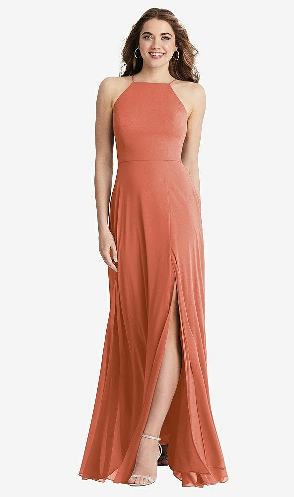 Front View - Terracotta Copper High Neck Chiffon Maxi Dress with Front Slit - Lela