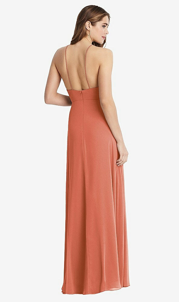 Back View - Terracotta Copper High Neck Chiffon Maxi Dress with Front Slit - Lela
