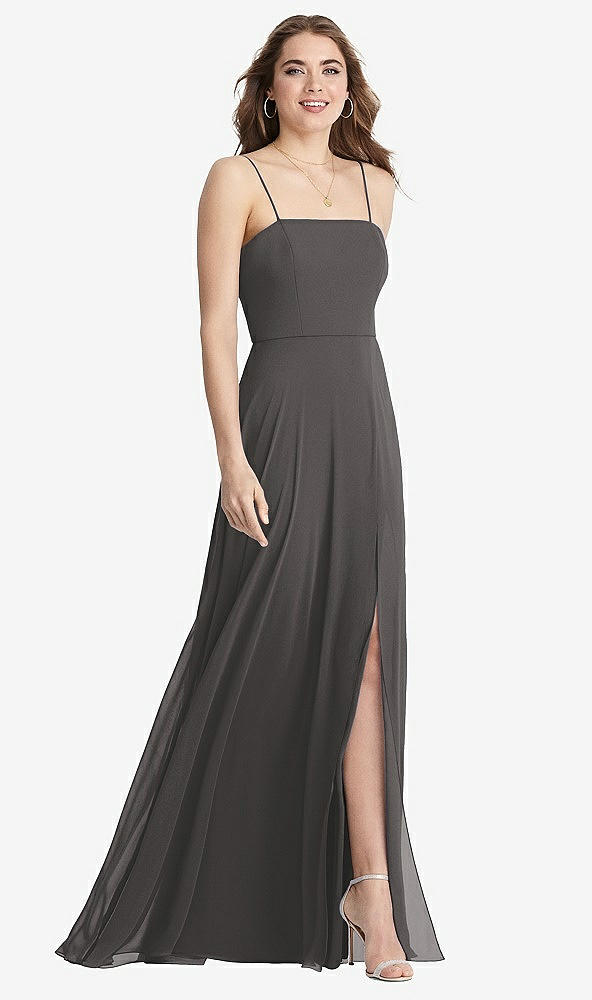 Front View - Caviar Gray Square Neck Chiffon Maxi Dress with Front Slit - Elliott