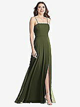 Front View Thumbnail - Olive Green Square Neck Chiffon Maxi Dress with Front Slit - Elliott