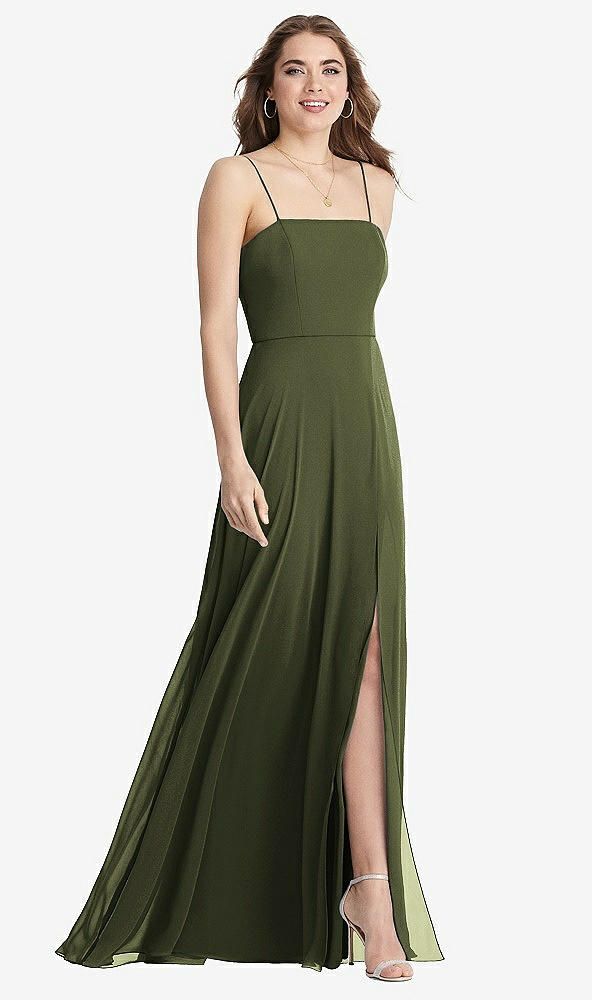 Front View - Olive Green Square Neck Chiffon Maxi Dress with Front Slit - Elliott