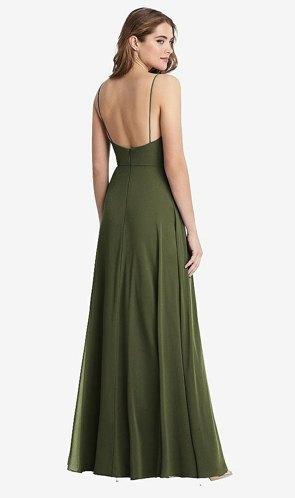 Back View - Olive Green Square Neck Chiffon Maxi Dress with Front Slit - Elliott