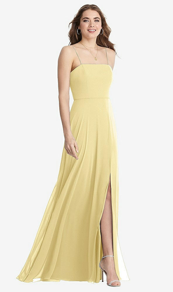 Front View - Pale Yellow Square Neck Chiffon Maxi Dress with Front Slit - Elliott