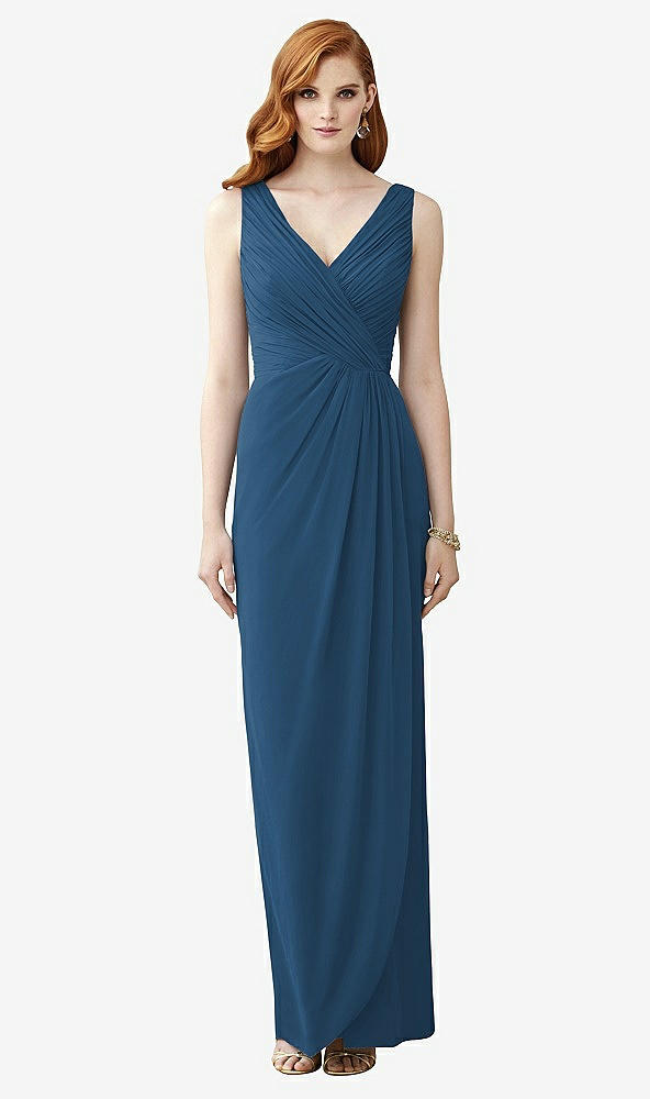 Front View - Dusk Blue Sleeveless Draped Faux Wrap Maxi Dress - Dahlia