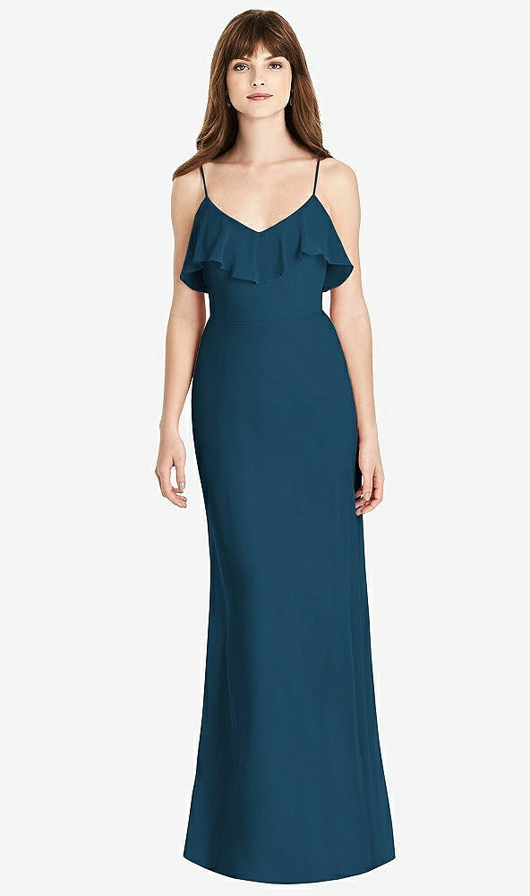 Front View - Atlantic Blue Ruffle-Trimmed Backless Maxi Dress