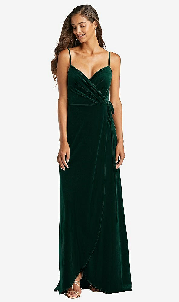 Front View - Evergreen Velvet Wrap Maxi Dress with Pockets