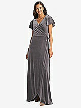 Front View Thumbnail - Caviar Gray Flutter Sleeve Velvet Wrap Maxi Dress with Pockets