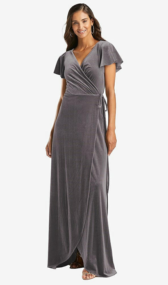 Front View - Caviar Gray Flutter Sleeve Velvet Wrap Maxi Dress with Pockets