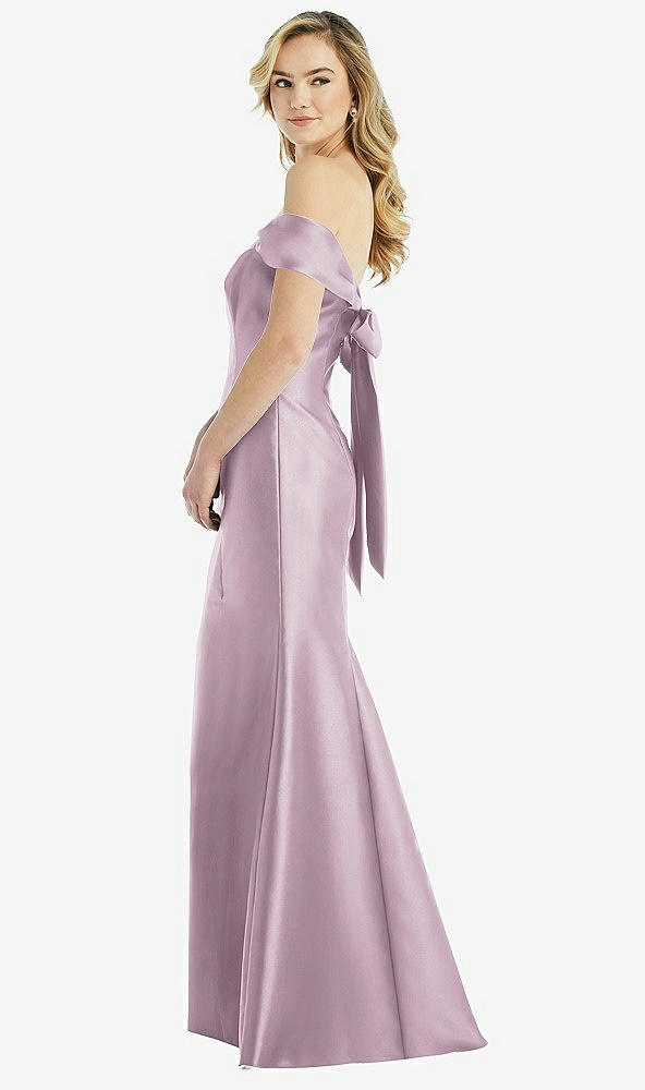 Front View - Suede Rose Off-the-Shoulder Bow-Back Satin Trumpet Gown