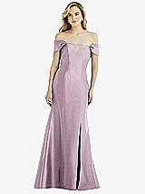 Side View Thumbnail - Suede Rose Off-the-Shoulder Bow-Back Satin Trumpet Gown