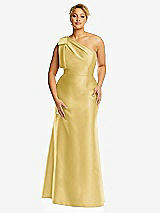 Front View Thumbnail - Maize Bow One-Shoulder Satin Trumpet Gown