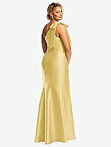 Rear View Thumbnail - Maize Bow One-Shoulder Satin Trumpet Gown