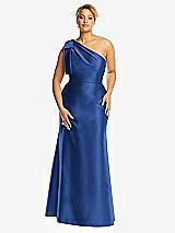 Front View Thumbnail - Classic Blue Bow One-Shoulder Satin Trumpet Gown