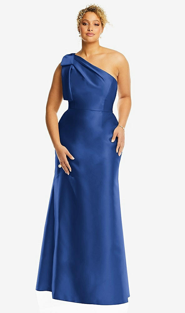 Front View - Classic Blue Bow One-Shoulder Satin Trumpet Gown
