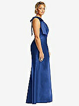 Side View Thumbnail - Classic Blue Bow One-Shoulder Satin Trumpet Gown