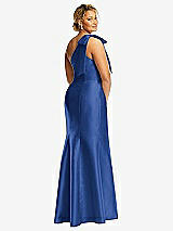 Rear View Thumbnail - Classic Blue Bow One-Shoulder Satin Trumpet Gown