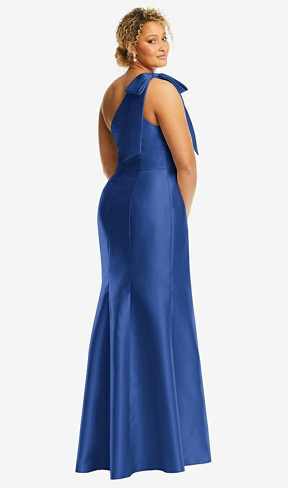 Back View - Classic Blue Bow One-Shoulder Satin Trumpet Gown