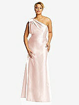 Front View Thumbnail - Blush Bow One-Shoulder Satin Trumpet Gown