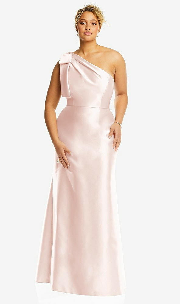 Front View - Blush Bow One-Shoulder Satin Trumpet Gown