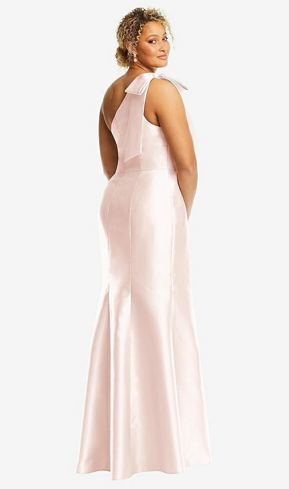 Back View - Blush Bow One-Shoulder Satin Trumpet Gown