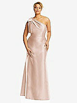 Front View Thumbnail - Cameo Bow One-Shoulder Satin Trumpet Gown
