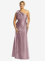 Front View Thumbnail - Dusty Rose Bow One-Shoulder Satin Trumpet Gown