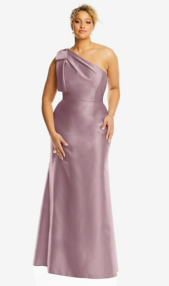 Front View - Dusty Rose Bow One-Shoulder Satin Trumpet Gown