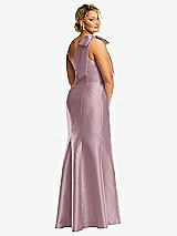 Rear View Thumbnail - Dusty Rose Bow One-Shoulder Satin Trumpet Gown