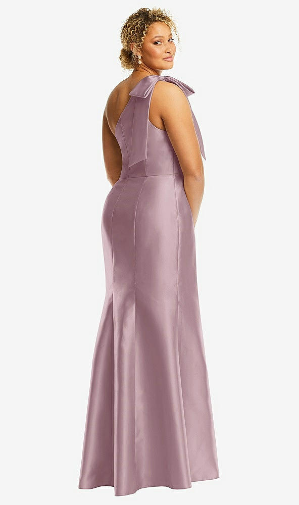 Back View - Dusty Rose Bow One-Shoulder Satin Trumpet Gown