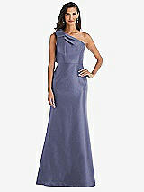 Alt View 1 Thumbnail - French Blue Bow One-Shoulder Satin Trumpet Gown