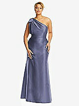 Front View Thumbnail - French Blue Bow One-Shoulder Satin Trumpet Gown