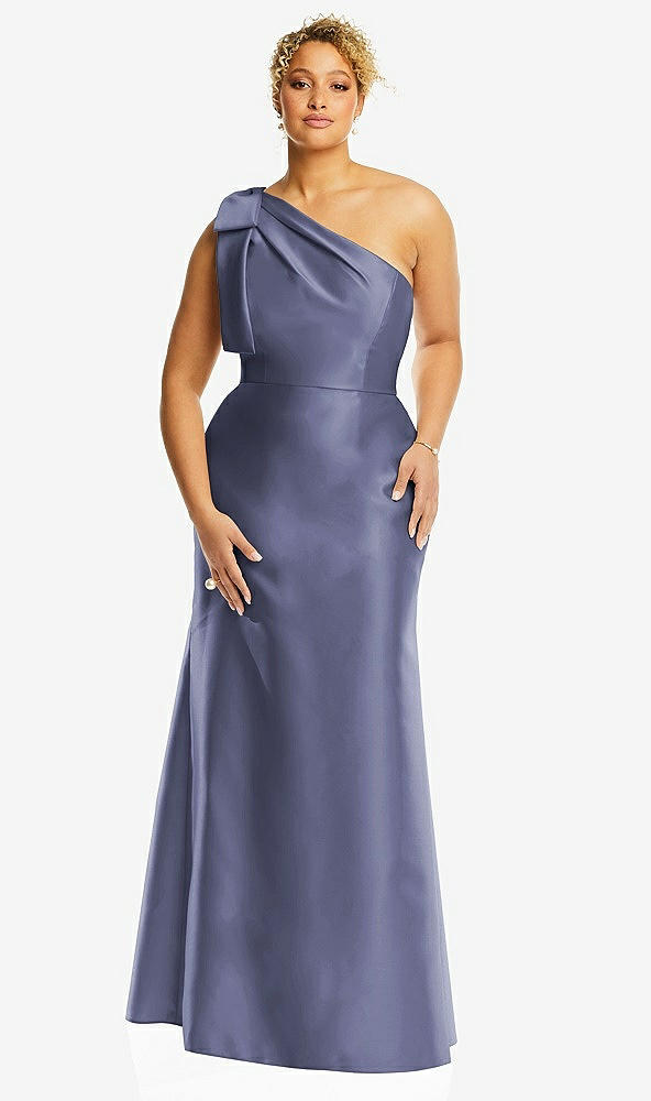 Front View - French Blue Bow One-Shoulder Satin Trumpet Gown