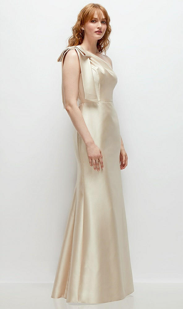 Back View - French Blue Bow One-Shoulder Satin Trumpet Gown