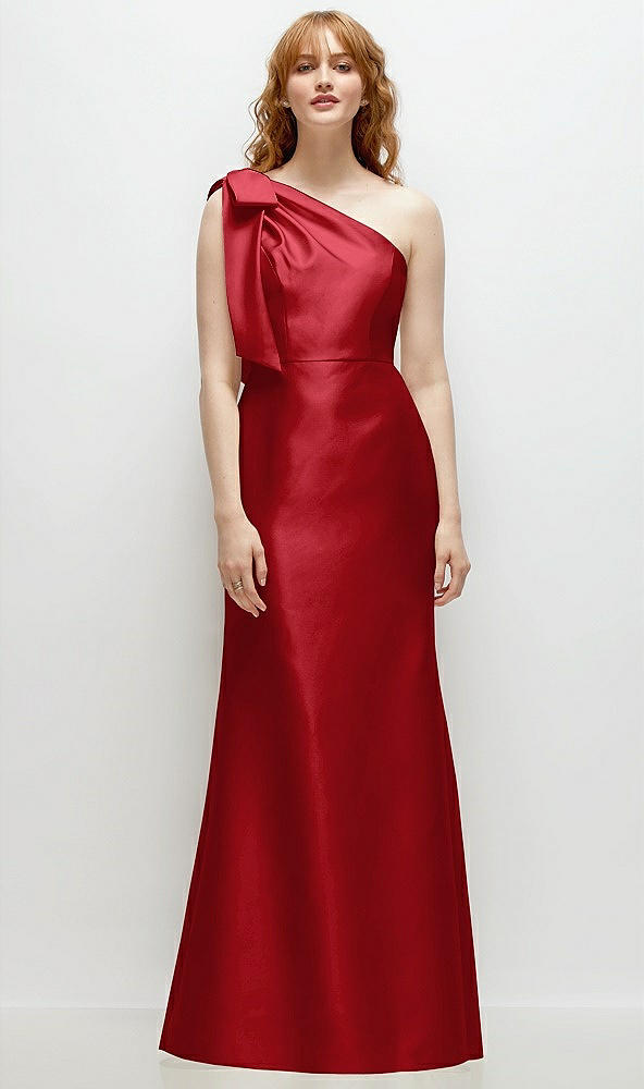 Front View - Garnet Bow One-Shoulder Satin Trumpet Gown