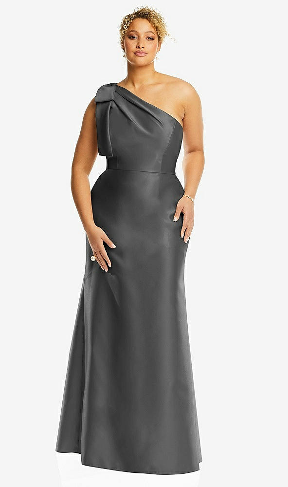 Front View - Gunmetal Bow One-Shoulder Satin Trumpet Gown