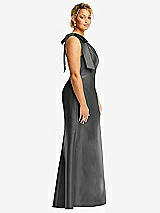 Side View Thumbnail - Gunmetal Bow One-Shoulder Satin Trumpet Gown