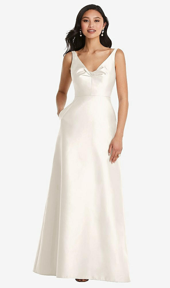 Front View - Ivory Pleated Bodice Open-Back Maxi Dress with Pockets