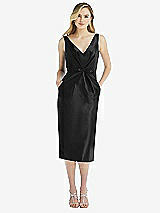 Front View Thumbnail - Black Sleeveless Bow-Waist Pleated Satin Pencil Dress with Pockets