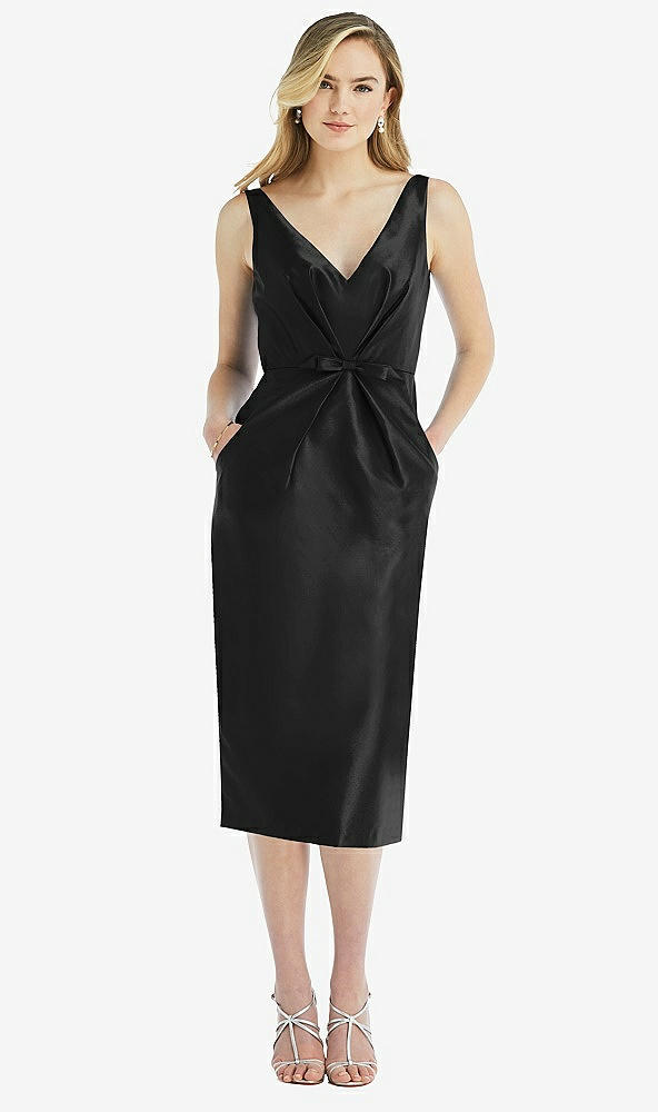 Front View - Black Sleeveless Bow-Waist Pleated Satin Pencil Dress with Pockets
