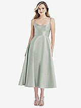 Front View Thumbnail - Willow Green Spaghetti Strap Full Skirt Satin Midi Dress