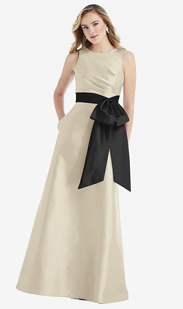 Front View - Champagne & Black High-Neck Bow-Waist Maxi Dress with Pockets